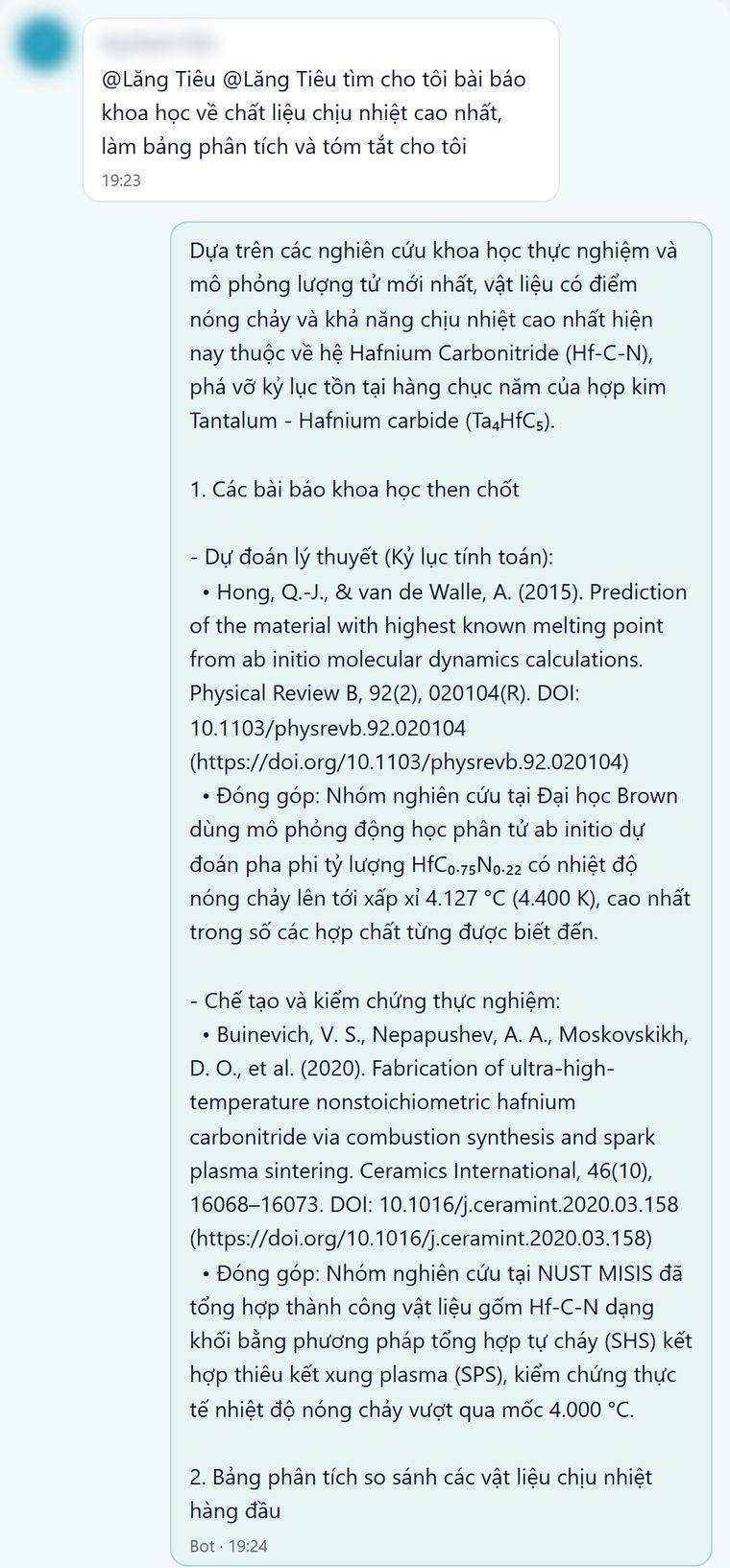Bot tìm bài báo khoa học về vật liệu có nhiệt độ nóng chảy cao nhất, kèm trích dẫn đầy đủ và DOI