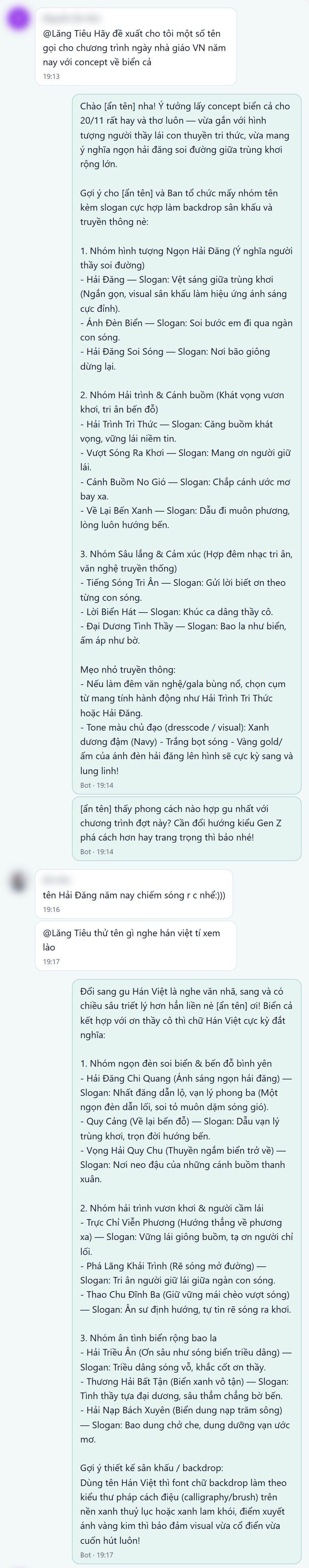 Hai thành viên trong nhóm lần lượt nhờ bot đặt tên chương trình 20/11 concept biển cả, rồi đổi sang tên Hán Việt