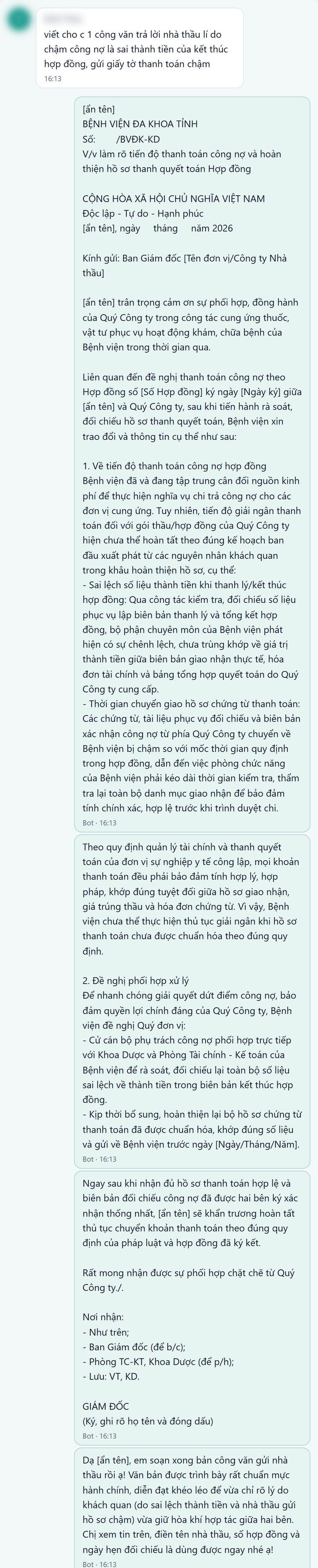 Bot soạn công văn của bệnh viện trả lời nhà thầu về việc chậm thanh toán công nợ, đúng thể thức văn bản hành chính
