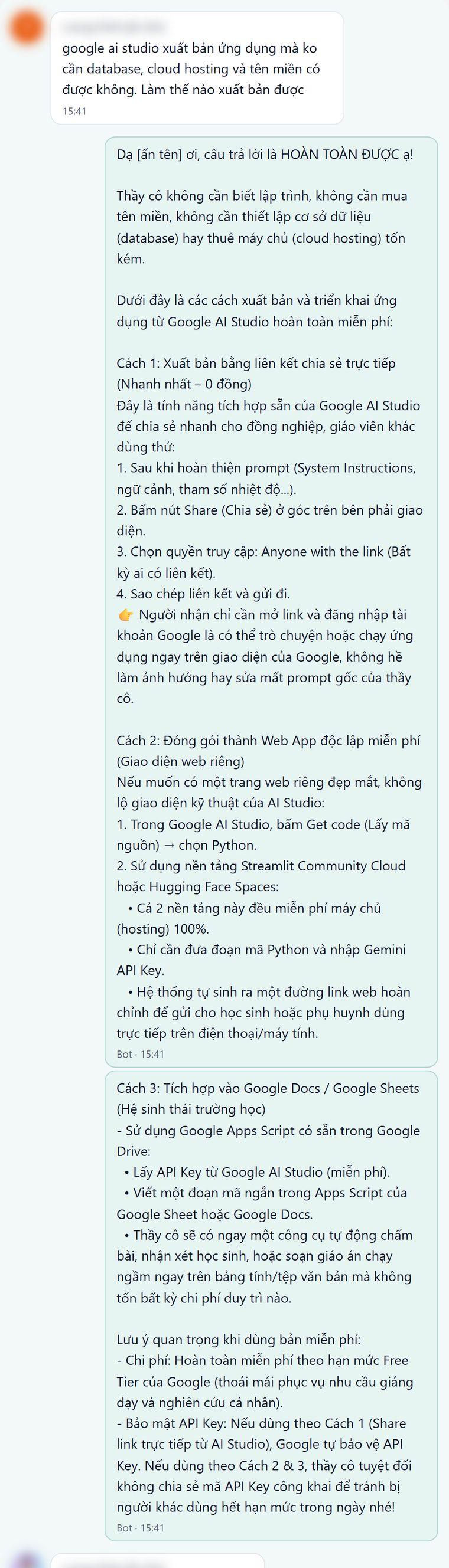 Trong nhóm giáo viên, bot hướng dẫn ba cách xuất bản ứng dụng Google AI Studio miễn phí và lưu ý bảo mật khoá API