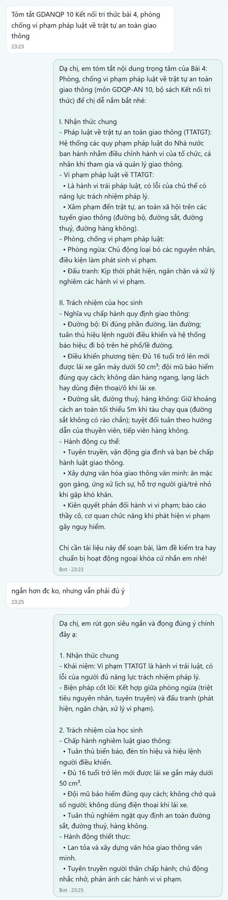 Học sinh nhắn riêng nhờ tóm tắt bài GDQP-AN 10 về trật tự an toàn giao thông, rồi yêu cầu bản ngắn hơn