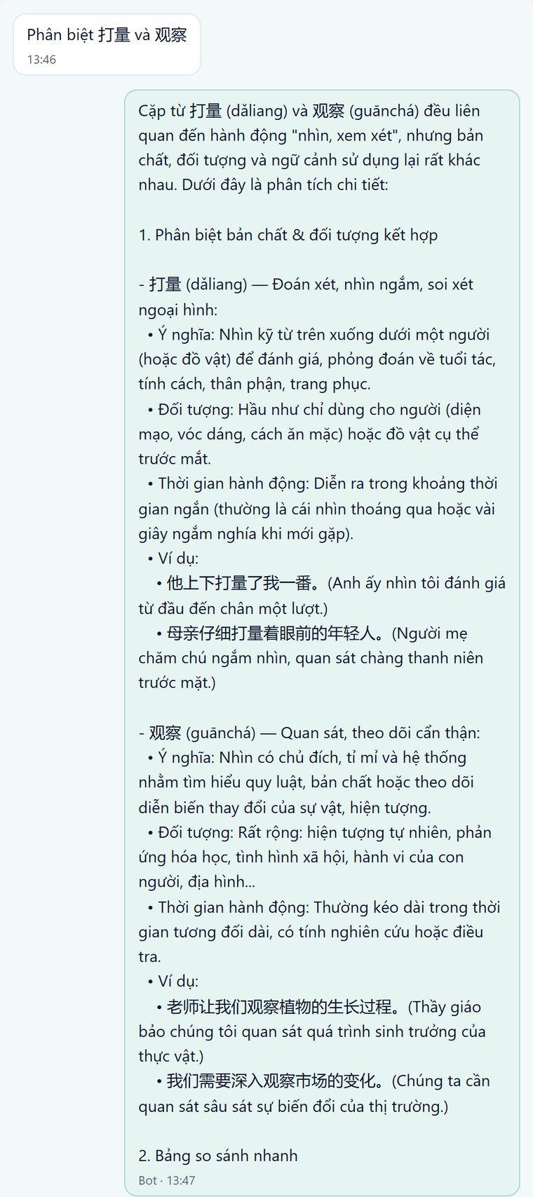 Bot phân biệt hai từ tiếng Trung 打量 và 观察 với phiên âm, ý nghĩa, đối tượng và câu ví dụ có dịch