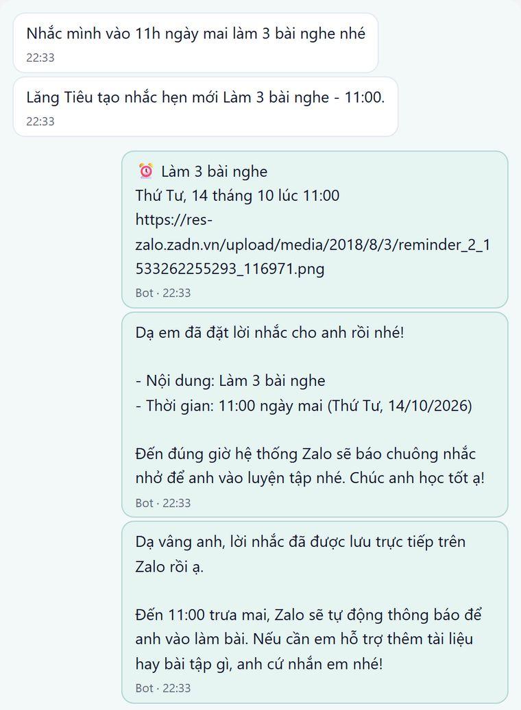 Học sinh nhờ nhắc 11 giờ ngày mai làm 3 bài nghe; bot tạo nhắc hẹn Zalo và xác nhận