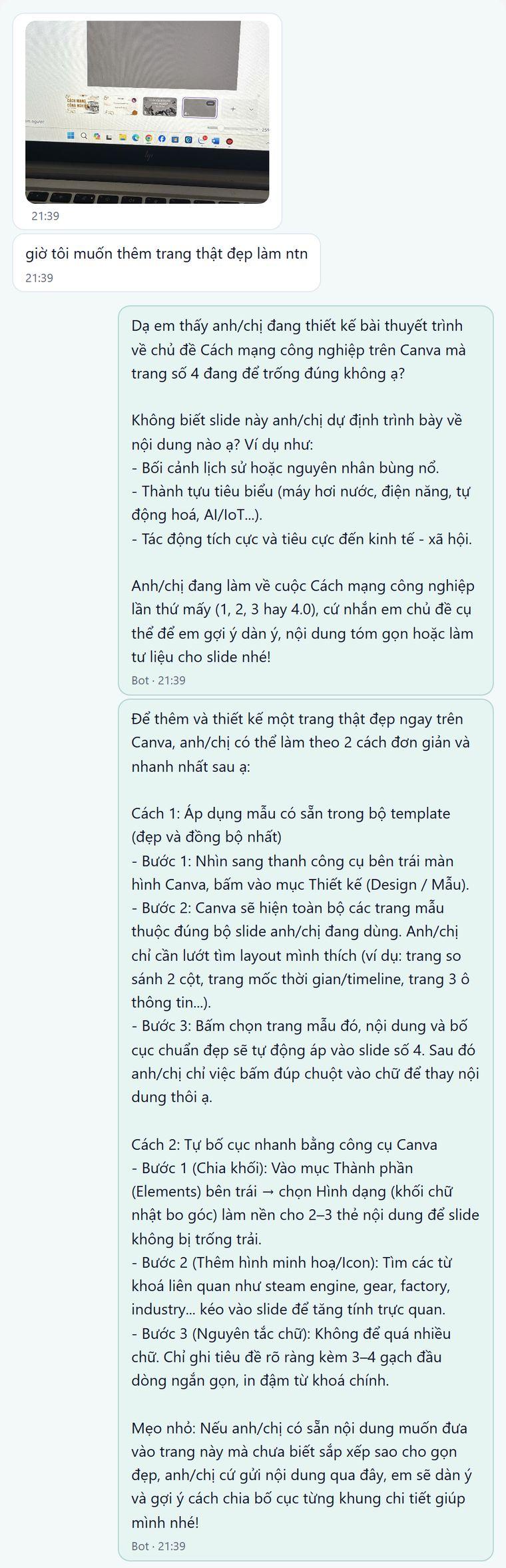 Học sinh gửi ảnh chụp màn hình Canva; bot nhận ra trang 4 còn trống và hướng dẫn hai cách thiết kế trang mới