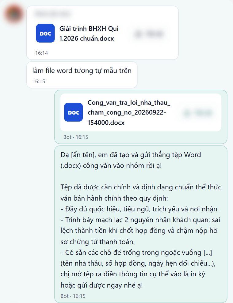 Cán bộ gửi tệp Word mẫu và nhờ làm tương tự; bot gửi lại tệp Word công văn trả lời nhà thầu và giải thích định dạng
