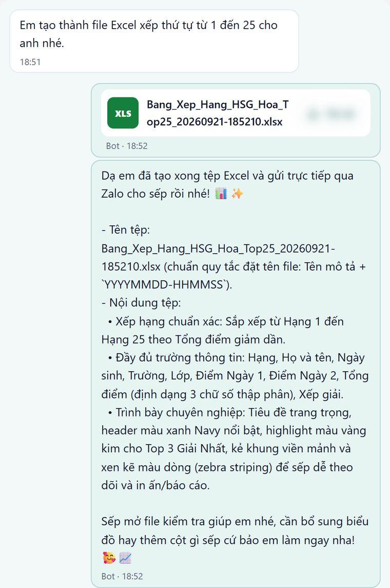 Giáo viên nhờ tạo file Excel xếp hạng; bot gửi tệp xlsx bảng xếp hạng và mô tả các cột, định dạng