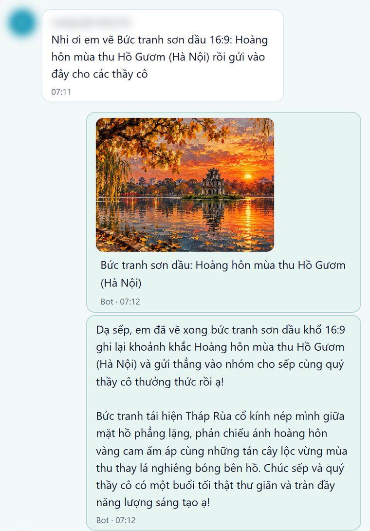 Bot vẽ tranh sơn dầu hoàng hôn mùa thu Hồ Gươm với Tháp Rùa và gửi vào nhóm giáo viên