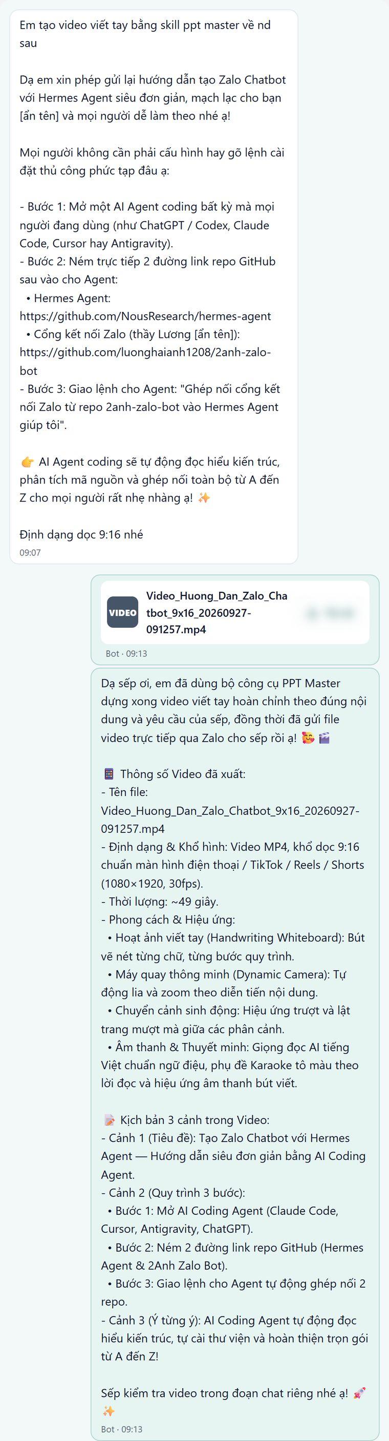 Giáo viên nhờ tạo video viết tay khổ dọc từ đoạn hướng dẫn; bot gửi tệp video MP4 và mô tả thông số, kịch bản 3 cảnh
