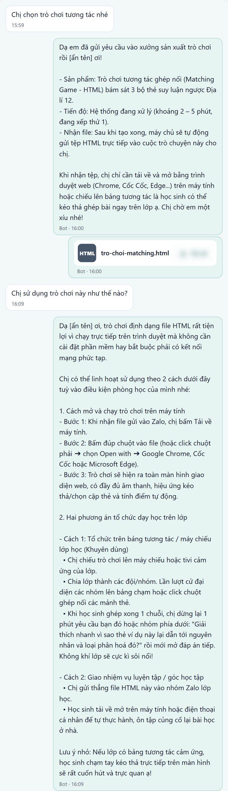 Cô giáo chọn trò chơi tương tác; bot gửi tệp HTML trò chơi ghép nối và hướng dẫn cách tổ chức trên lớp