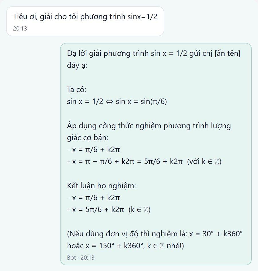 Học sinh nhắn riêng hỏi giải phương trình sin x = 1/2, bot trình bày lời giải từng bước, công thức nghiệm và kết luận họ nghiệm