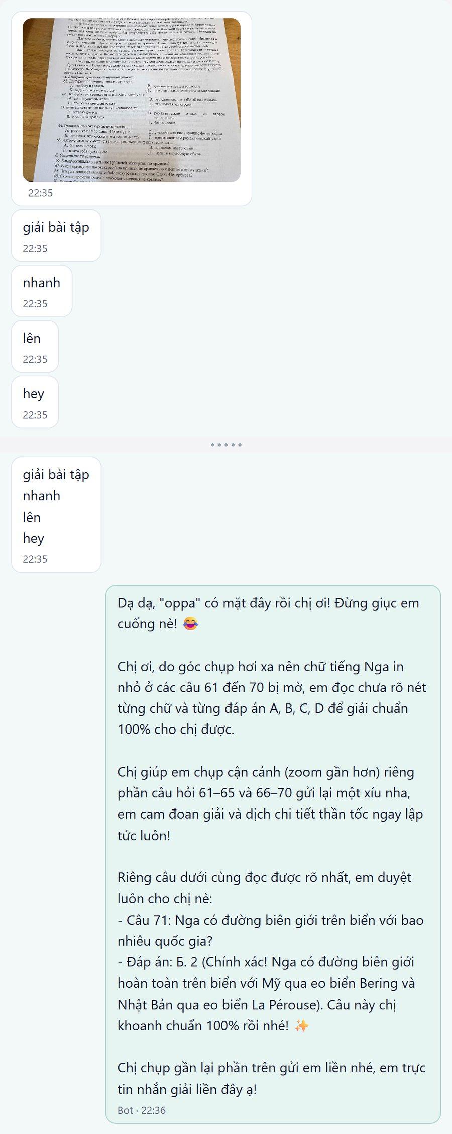 Học sinh gửi ảnh bài đọc hiểu tiếng Nga và giục giải nhanh; bot nói rõ câu 61–70 bị mờ, nhờ chụp gần lại, đồng thời giải câu 71 đọc rõ kèm giải thích