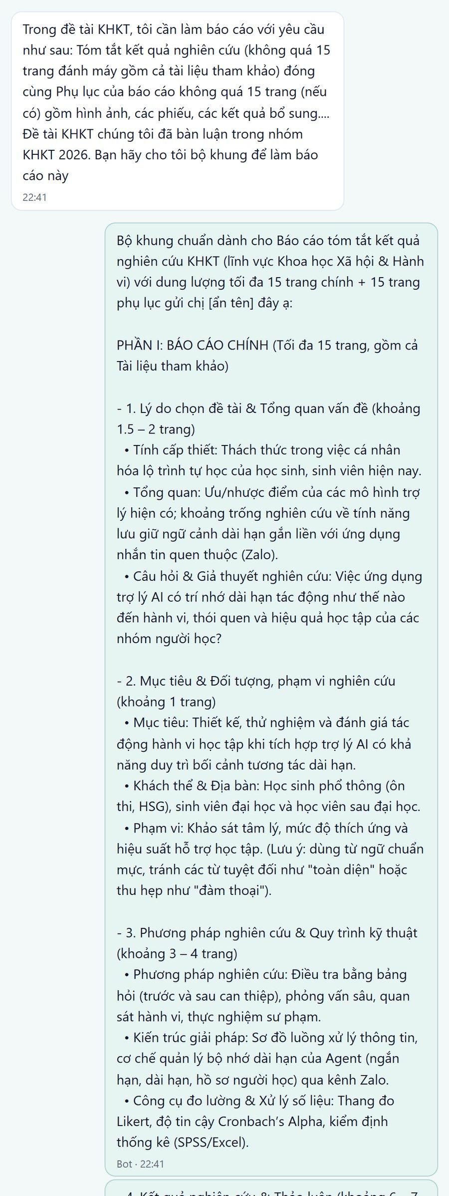Học sinh dán yêu cầu báo cáo tóm tắt kết quả nghiên cứu KHKT; bot dựng khung chi tiết từng phần kèm số trang, phương pháp nghiên cứu và công cụ đo lường