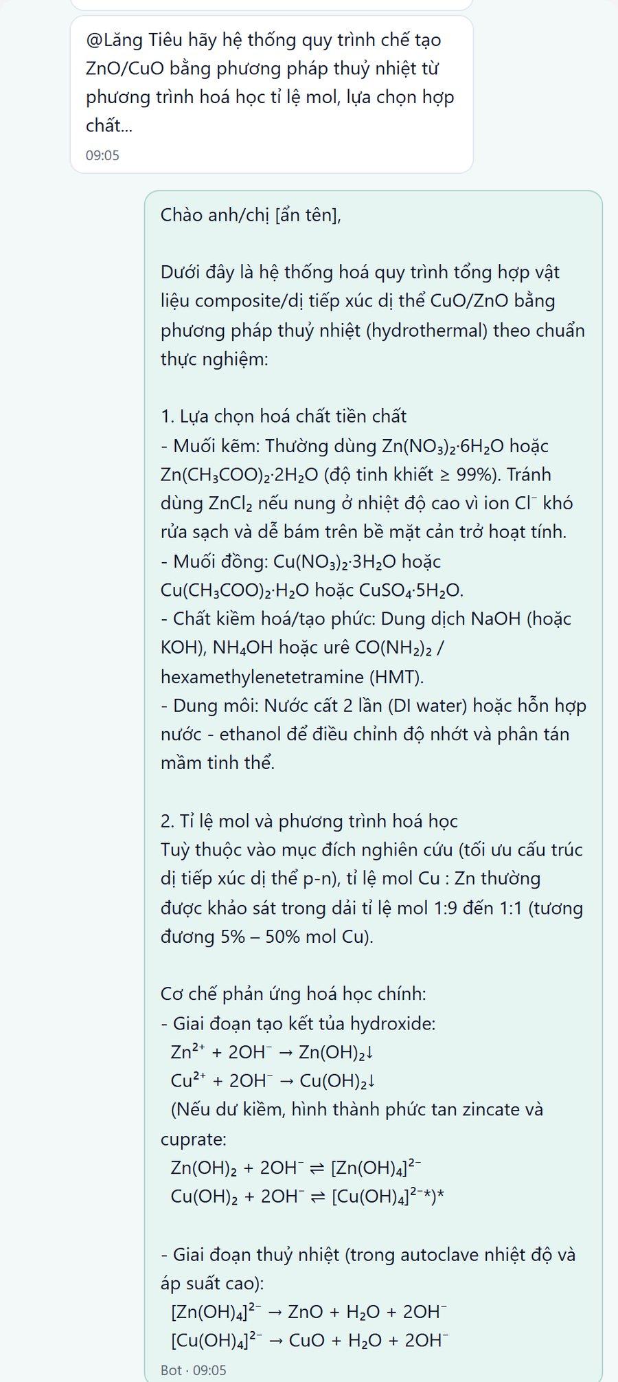 Nhóm nghiên cứu tag bot hỏi quy trình chế tạo CuO/ZnO bằng phương pháp thuỷ nhiệt; bot hệ thống hoá hoá chất tiền chất, phương trình phản ứng, tỉ lệ mol và các bước thực nghiệm