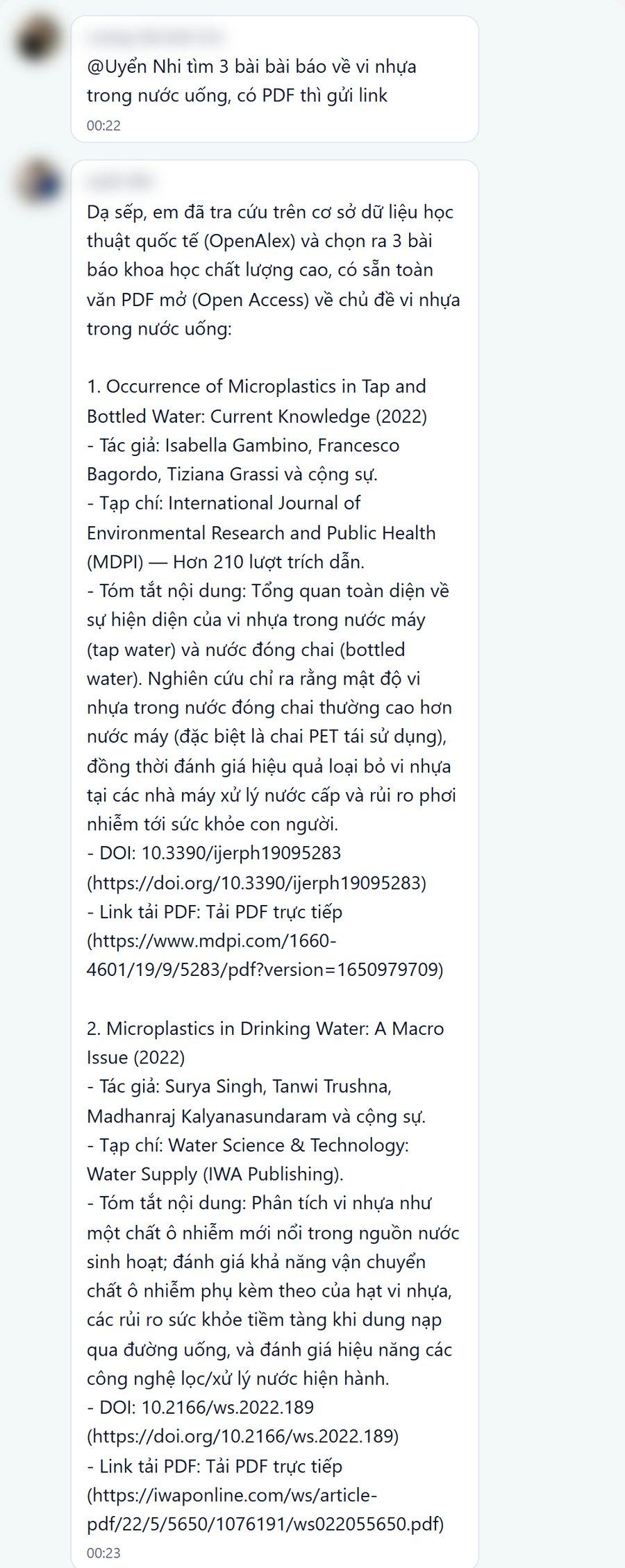 Bot tra OpenAlex và gửi 3 bài báo về vi nhựa trong nước uống, mỗi bài có tác giả, tạp chí, tóm tắt, DOI và link tải PDF