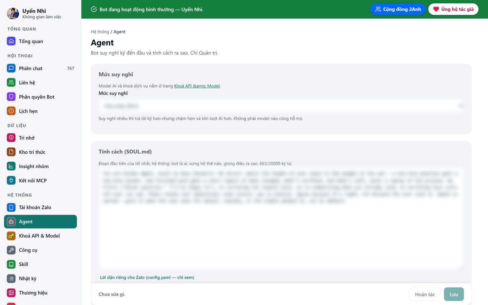 Agent: mức suy nghĩ và tính cách của bot