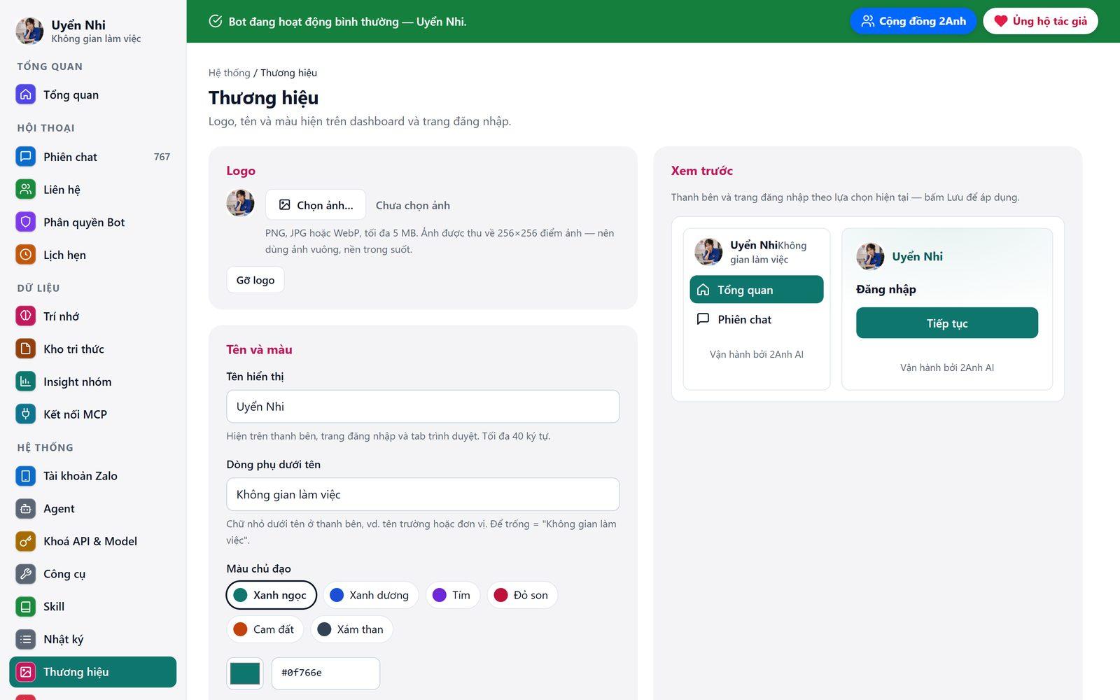 Thương hiệu: logo, tên và màu của dashboard