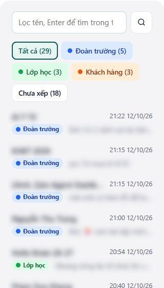 Phiên chat lọc theo thư mục màu: Đoàn trường, Lớp học, Khách hàng
