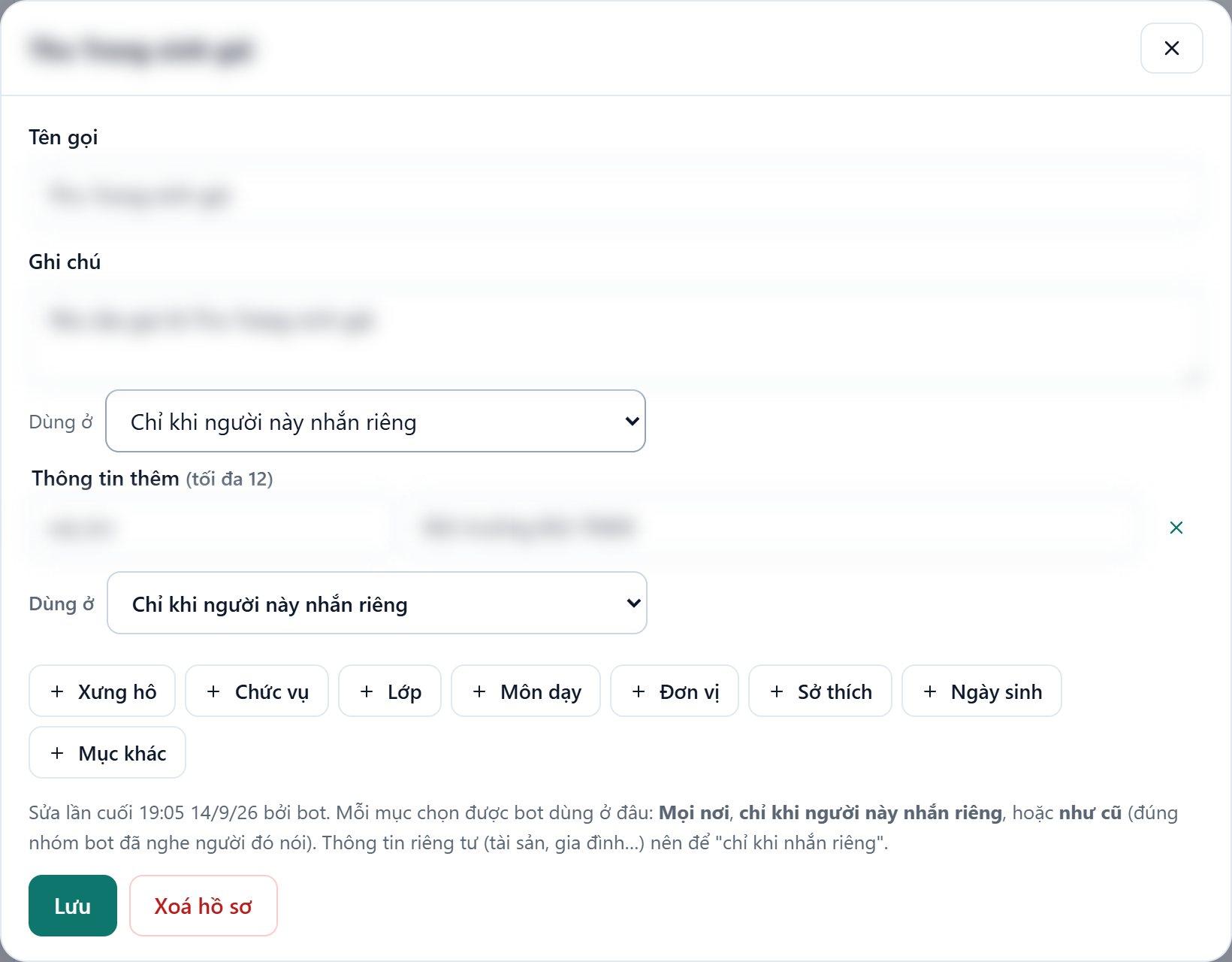 Sửa hồ sơ người quen: chọn bot được dùng từng mục ở đâu