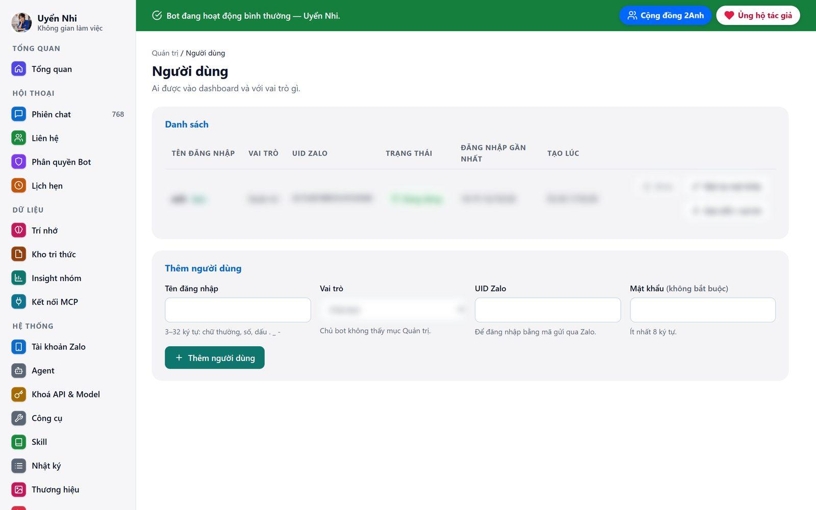Người dùng: tài khoản vào dashboard và vai trò